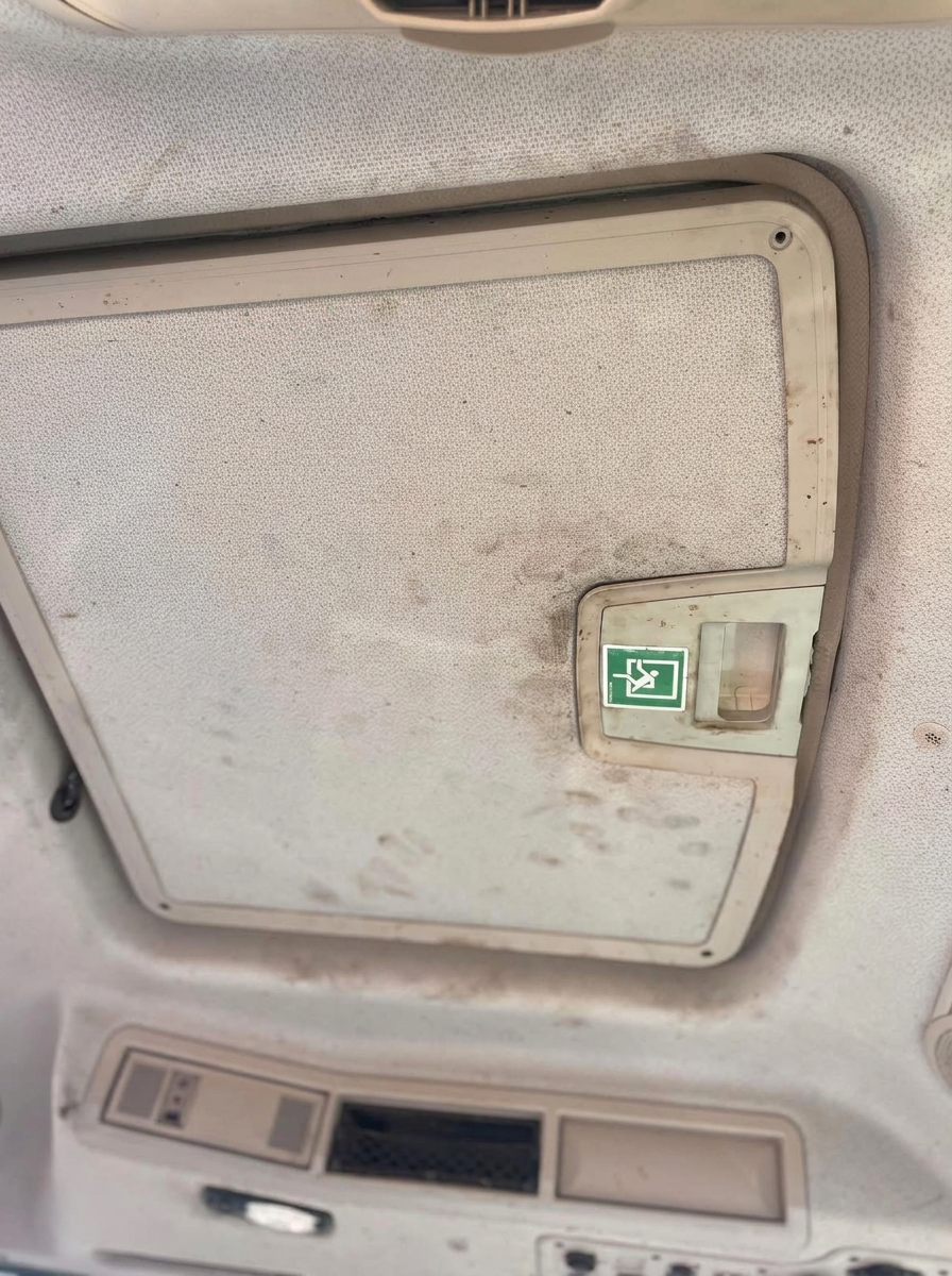Stained truck cab headliner before interior cleaning