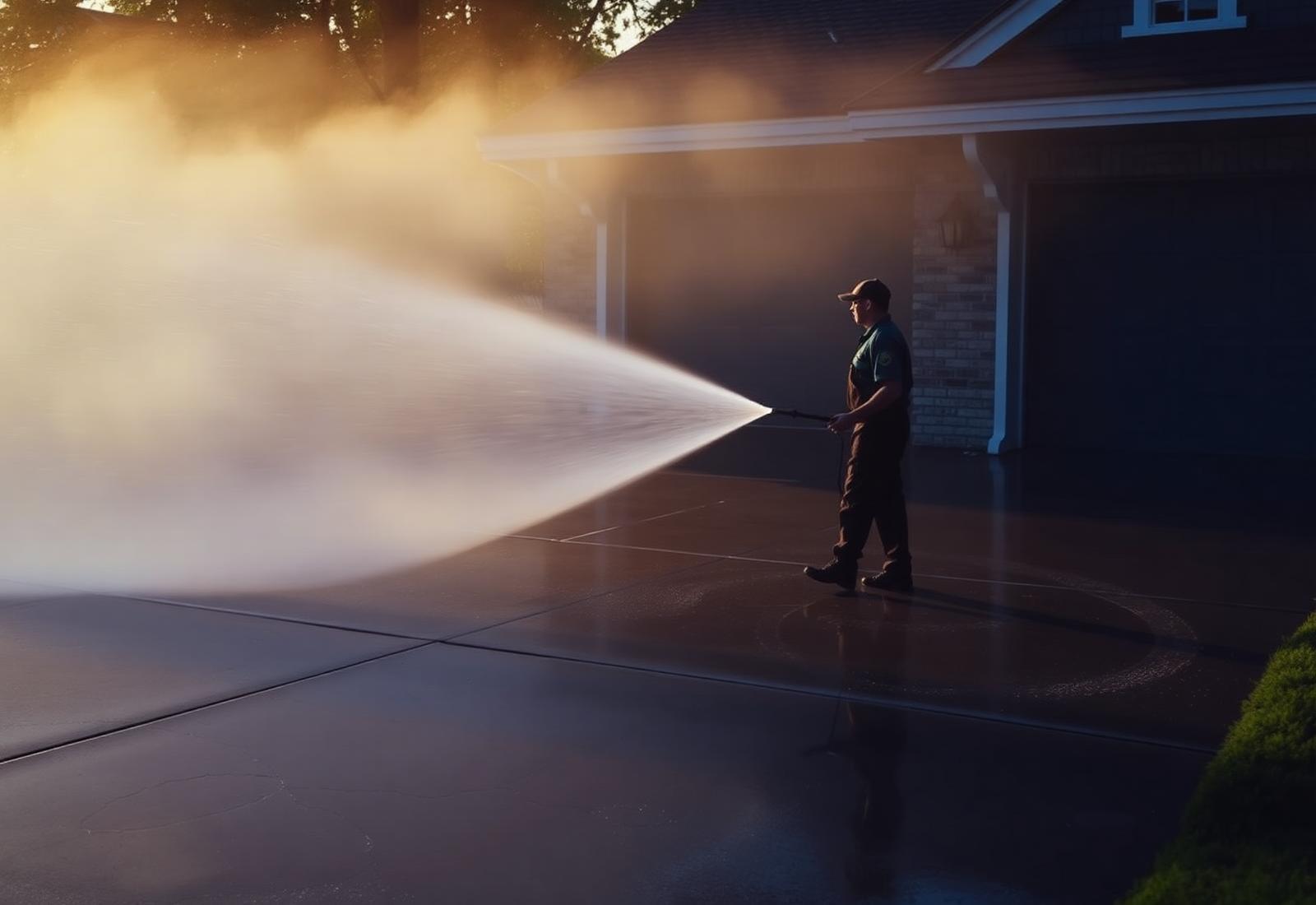 Pressure washing a driveway at golden hour